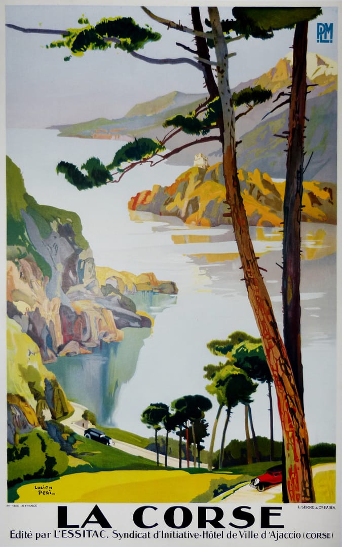 Lucien Péri 1 Affiche ancienne originale réalisée par Lucien Peri circa 1925 pour la compagnie de chemins de fer française PLM et éditée par l'ESSITAC, Syndicat d'Initiative-Hôtel de Ville d'Ajaccio, faisant la promotion des séjours en Corse.