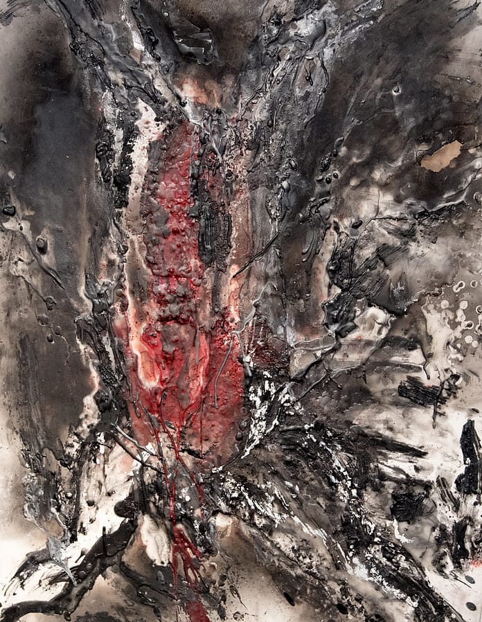 Jean-Paul Marcheschi (né en 1951) Stromboli. Sanglier II dét. (cire, suie, pigments et peinture à l'huile sur papier marouflé sur toile, 2014)